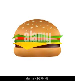 Cheeseburger con una fetta di formaggio, sottaceti, pomodoro, polpettine di manzo, lattuga e panna di sesamo tostata. Icona hamburger classico. Illustrazione del vettore cartoon di Illustrazione Vettoriale