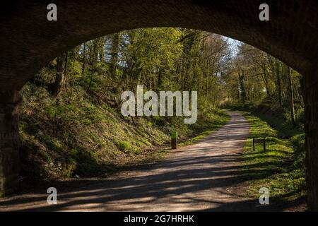 Regno Unito, Inghilterra, Derbyshire, Tissington, Tissington Trail – ex linea ferroviaria presso il sito della vecchia stazione, ponte stradale Foto Stock