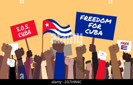 Illustrazione di una folla di cubani con pugni sollevati che protestano contro il governo. Proteste a Cuba che lottano per la libertà e la democrazia Foto Stock