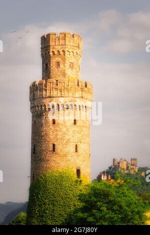 Torre medievale, l'Ochsenturm, Ox Torre a Oberwesel sul Medio Reno, Renania-Palatinato, Germania. Foto Stock