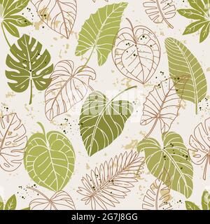Motivo senza cuciture con foglie tropicali verdi sullo sfondo. Illustrazione Vettoriale
