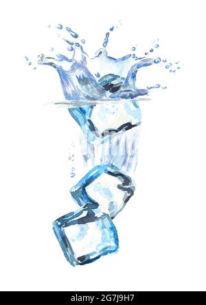 Cubetti di ghiaccio che cadono in acqua isolati su sfondo bianco Foto Stock