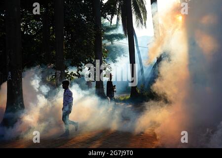 Dhaka, Bangladesh. 14 luglio 2021. Persone che camminano dopo un lavoratore spray pesticida per uccidere zanzare in un parco pubblico.totale 209 pazienti dengue sono in cura in diversi ospedali in tutto il Bangladesh. La recente impennata dei casi di dengue ha aggiunto alle preoccupazioni, mentre il paese continua a lottare contro la devastante seconda ondata della pandemia del Covid-19. Credit: SOPA Images Limited/Alamy Live News Foto Stock