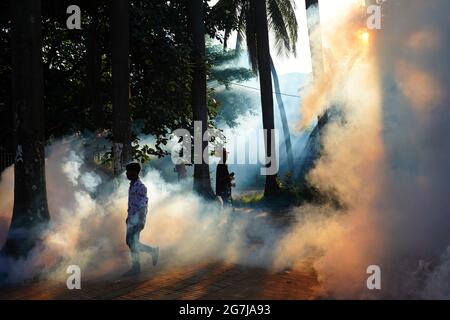 Dhaka, Bangladesh. 14 luglio 2021. Persone che camminano dopo un lavoratore spray pesticida per uccidere zanzare in un parco pubblico.totale 209 pazienti dengue sono in cura in diversi ospedali in tutto il Bangladesh. La recente impennata dei casi di dengue ha aggiunto alle preoccupazioni, mentre il paese continua a lottare contro la devastante seconda ondata della pandemia del Covid-19. (Foto di Sultan Mahmud Mukut/SOPA Images/Sipa USA) Credit: Sipa USA/Alamy Live News Foto Stock