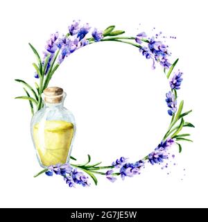 Olio essenziale lavanda fondo rotondo. Immagine isolata disegnata a mano con acquerello Foto Stock