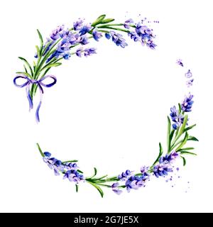 Lavanda fiore sfondo rotondo. Immagine isolata disegnata a mano con acquerello Foto Stock