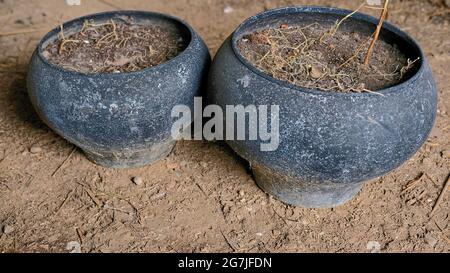 Due vecchie ghisa nera con terra all'interno Foto Stock