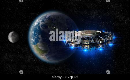 Illustrazione 3D di astronavi alieni con luci blu che si avvicinano alla Terra, per viaggi futuristici interstellari, o fantasy war-games sfondi. Elementi di Foto Stock