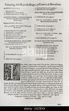 Constitutions y Altres Drets de Cathalunya, compilations en virtut del Capítol de Cort LXXXII, de las Corts per la S.C.Y.R. Majestat del rey Don Philip IV, nostre senyor celebradas en la ciutat de Barcelona qualsiasi MDCII. (Costituzioni e altri diritti della Catalogna, redatte in virtù del Capitolo LXXXII della Corte, delle corti presiedute da Filippo V e che si sono tenute nella città di Barcellona. 1702). Primo volume. Stampato nella Casa di Joan Pau Martí e Joseph Llopis Estampers, 1704. Genealogia dei Re d'Aragona e conti di Barcellona. Biblioteca militare storica di Barcellona, Catalogna, Spagna Foto Stock