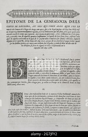 Constitutions y Altres Drets de Cathalunya, compilations en virtut del Capítol de Cort LXXXII, de las Corts per la S.C.Y.R. Majestat del rey Don Philip IV, nostre senyor celebradas en la ciutat de Barcelona qualsiasi MDCII. (Costituzioni e altri diritti della Catalogna, redatte in virtù del Capitolo LXXXII della Corte, delle corti presiedute da Filippo V e che si sono tenute nella città di Barcellona. 1702). Primo volume. Stampato nella Casa di Joan Pau Martí e Joseph Llopis Estampers, 1704. Epitome dei conti della Genealogia di Barcellona. Biblioteca militare storica di Barcellona, Catalogna, Spagna. Foto Stock