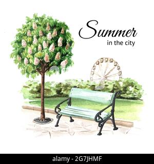 Panca della città sotto il castagno nel parco pubblico, illustrazione disegnata a mano in acquerello, isolata su sfondo bianco Foto Stock