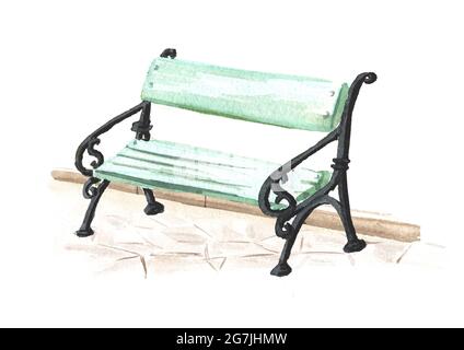 City Bench, Watercolor illustrazione disegnata a mano isolato su sfondo bianco Foto Stock
