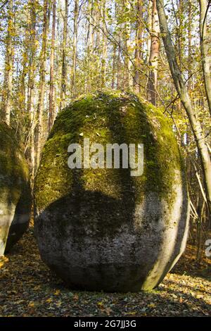 Pietra enorme che forma una scultura nello spazio di crescita sconosciuta a Vilnius Foto Stock