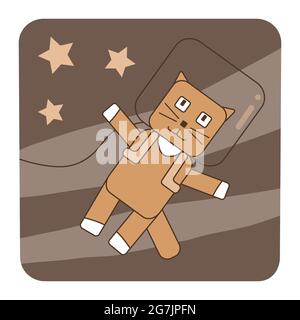 Carino gatto in tuta spaziale volare nello spazio cosmo. Astronauta che vola tra le stelle, carta dei bambini, poster, icona, avatar, illustrazione vettoriale con colori cremosi Illustrazione Vettoriale