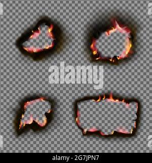 Realistici fori bruciati sulla carta con fuoco e cenere nera. Illustrazione Vettoriale