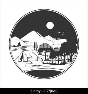 badge da campeggio silhouette. illustrazione vettoriale del campeggio nelle montagne selvagge Illustrazione Vettoriale