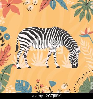 Poster astratto zebra tropicale con illustrazioni disegnate a mano. Illustrazione Vettoriale