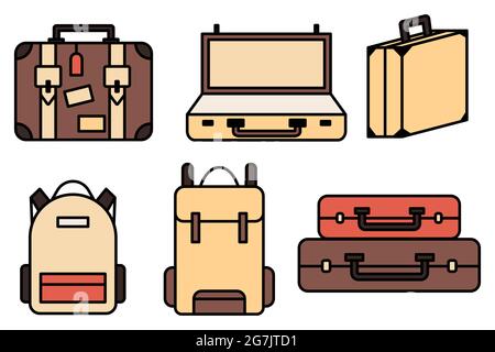 Set di icone per bagagli e collezione. Zaino, borsa, valigia, valigetta, borsa Messenger, carrello, borsa da viaggio, icone sottili. Icona tratto modificabile Illustrazione Vettoriale