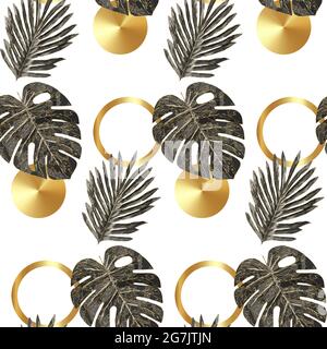 Oro di lusso e nero tropicale pianta vettore di sfondo senza giunture. Motivo floreale con palma tropicale dorata, foglia di monstera, pianta esotica, piante della giungla, Illustrazione Vettoriale