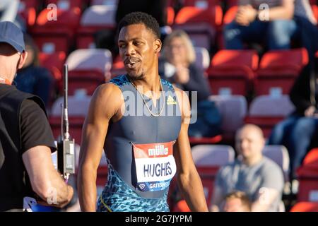 Gateshead, Regno Unito. 13 luglio 2021. Zharnel Hughes della Gran Bretagna dopo essere venuto terzo nella finale maschile di 100 metri, durante il Gateshead 2021 Müller Gran Premio di Gran Bretagna, al Gateshead International Stadium. Credit: SOPA Images Limited/Alamy Live News Foto Stock