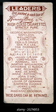 Il dorso di una carta da collezione inserita in un pacchetto di sigarette Kinney Bros. Comprende una lista dei leader mondiali raffigurati sul set di carte, intorno al 1880. Foto Stock
