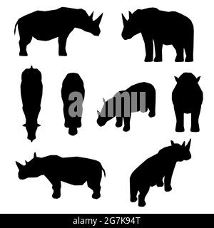 Set con sagome di un rinoceronte in diverse posizioni isolate su sfondo bianco. Illustrazione vettoriale. Illustrazione Vettoriale