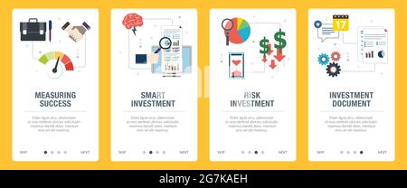Icone di investimento, rischio, performance, business, finanza e opportunità. Concetti di misurazione del successo, degli investimenti intelligenti, degli investimenti di rischio e degli investitori Illustrazione Vettoriale