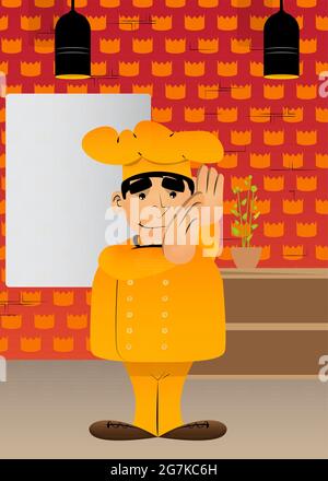 Fat maschile cartone animato chef in uniforme tiene entrambe le mani all'orecchio, ascoltando. Illustrazione vettoriale. Illustrazione Vettoriale