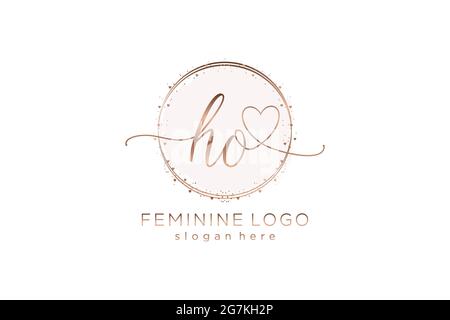 HO Handwriting logo con cerchio modello vettore logo di matrimonio iniziale, moda, floreale e botanico con modello creativo. Illustrazione Vettoriale