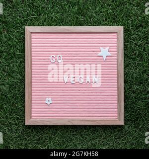 Cornice quadrata con bordo rosa in feltro con un testo scritto in inglese che dice andare vegan con sfondo erba Foto Stock