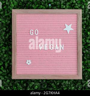 Cornice quadrata con cartellone in feltro rosa con un testo scritto in inglese che dice di andare vegan con lettere bianche e sfondo verde vegetale Foto Stock