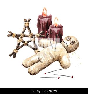 Voodoo, simbolo del pentagramma e candele rosse. Concetto di stregoneria, magia, occulto ed esoterico. Illustrazione di acquerello disegnata a mano, isolata su bianco b Foto Stock