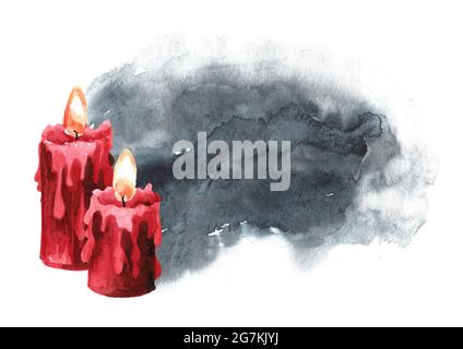 Candele occulte con spazio per la copia. Stregoneria, magia e concetto esoterico. Illustrazione di acquerello disegnata a mano isolata su sfondo bianco Foto Stock