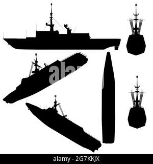 Set con silhouette di una nave da combattimento in varie posizioni isolate su uno sfondo bianco. Illustrazione vettoriale. Illustrazione Vettoriale