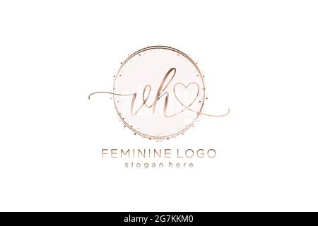 Logo VH manoscritto con logo vettoriale a forma di cerchio di matrimonio iniziale, moda, floreale e botanico con template creativo. Illustrazione Vettoriale