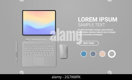 computer tablet moderno con tastiera mouse penna e schermo a colori realistici mockup gadget e dispositivi Illustrazione Vettoriale