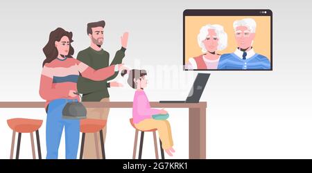 giovane famiglia che ha riunione virtuale con i nonni durante la videochiamata chat conferenza online Illustrazione Vettoriale