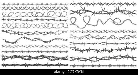 Sagome a filo di rasoio. Elementi di bordo metallici a filo spinato, insieme di simboli vettoriali a filo spinato. Filo spinato del carcere Illustrazione Vettoriale