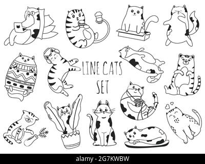 Linea doodle gatti set. Simpatici gattini che lavorano su un computer portatile, mangiano hamburger, giocano con una palla di fili e ascoltano musica Illustrazione Vettoriale
