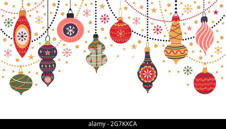 Decorazioni natalizie. Vacanze invernali abeti giocattoli ghirlande e decorazioni vettoriali illustrazione. Graziosi ghirlande dei simboli di Natale Illustrazione Vettoriale