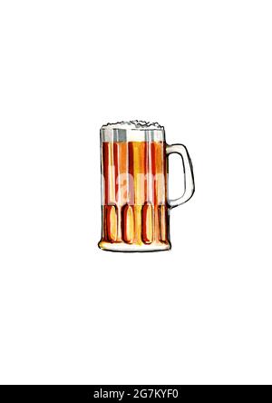 Illustrazione dipinta a mano di un tankard tradizionale di birra o sidro, isolato su sfondo bianco Foto Stock