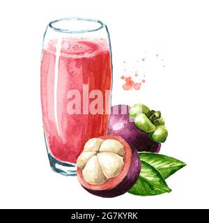 Bicchiere di succo di mangosteen, Watercolor illustrazione disegnata a mano isolato su sfondo bianco Foto Stock