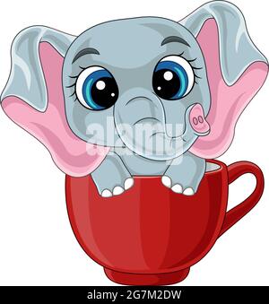 Cartoon simpatico elefante bambino seduto in tazza rossa Illustrazione Vettoriale