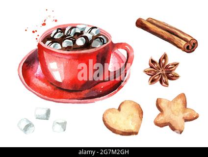 Coppa rossa di cioccolato caldo con marshmallow, bastone di cannella e anice stellato e biscotti di Natale set. Acquerello disegno a mano illustrazione isolato su WI Foto Stock