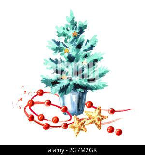 Piccolo albero di Natale decorativo. Simbolo del nuovo anno. Immagine disegnata a mano con acquerello, isolata su sfondo bianco Foto Stock