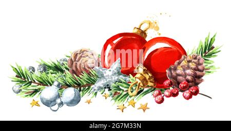 Confine natalizio con rami di abete, palline rosse, coni di pino e stelle. Acquerello disegno a mano, isolato su bianco background.tif Foto Stock