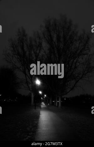 Percorso illuminato attraverso Wandsworth Common, Wandsworth, Londra, Regno Unito Foto Stock