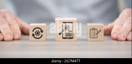 Blocchi di legno con simbolo del concetto di test software Foto Stock