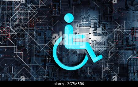 Accesso nel sito internet online e tecnologia applicata a persone con disabilità e handicap.Accessibilità icona con sedia a rotelle e tecnologia ab Foto Stock