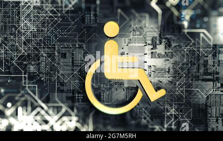 Accesso nel sito internet online e tecnologia applicata a persone con disabilità e handicap.Accessibilità icona con sedia a rotelle e tecnologia ab Foto Stock